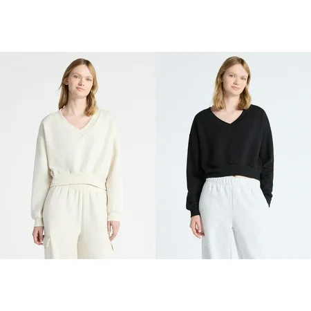 No Boundaries V-Neck Fleece Cropped Sweatshirt, Women's | Walmart (US)