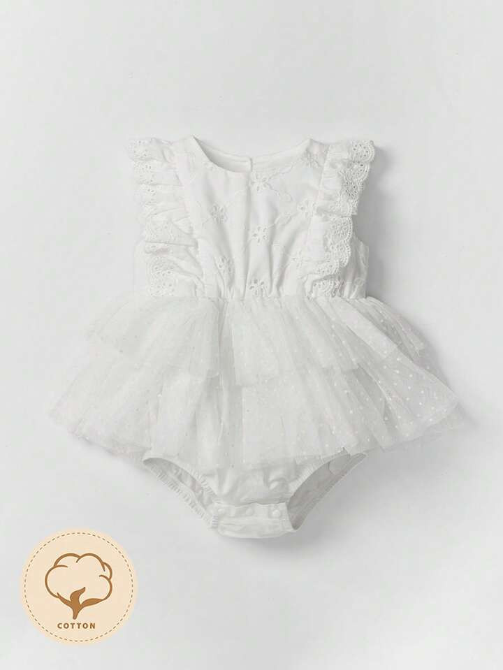 Cozy Cub Baby Girl Contrast Mesh Ruffle Trim Eyelet Embroidery Bodysuit | SHEIN