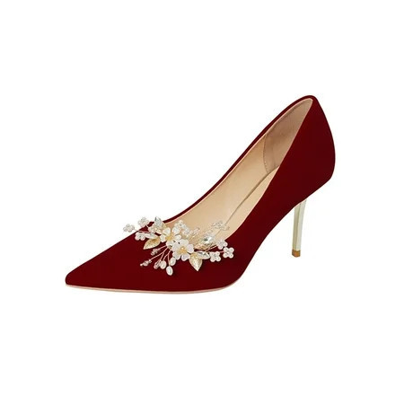 Women's high heels, single shoes, thin high heels, floral accessories in red, suitable for weddings, adult gifts, etc | Walmart (US)