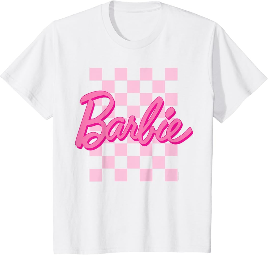 Barbie - Barbie Logo Checkered Background Short Sleeve T-Shirt For Women, Small | Amazon (US)