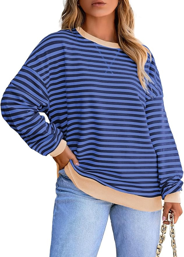 Eytino Women Plus Size Sweatshirt Striped Color Block Crew Neck Pullover Tops Long Sleeve Casual ... | Amazon (US)