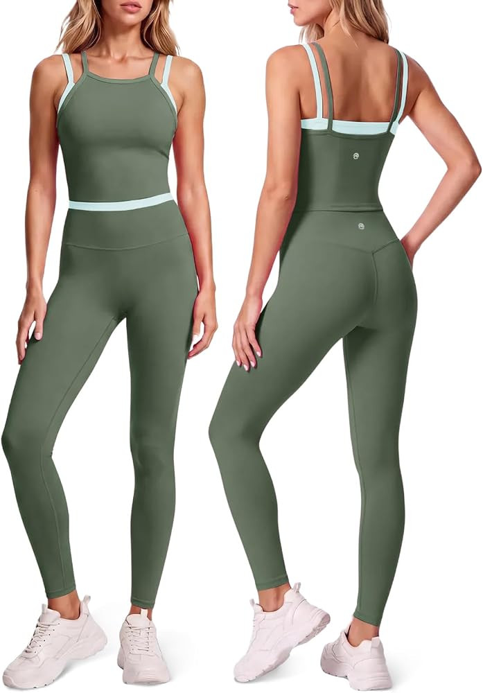 Aoysky Womens 2 Piece Workout Sets Padded Tank Top High Waist Leggings Set | Amazon (US)