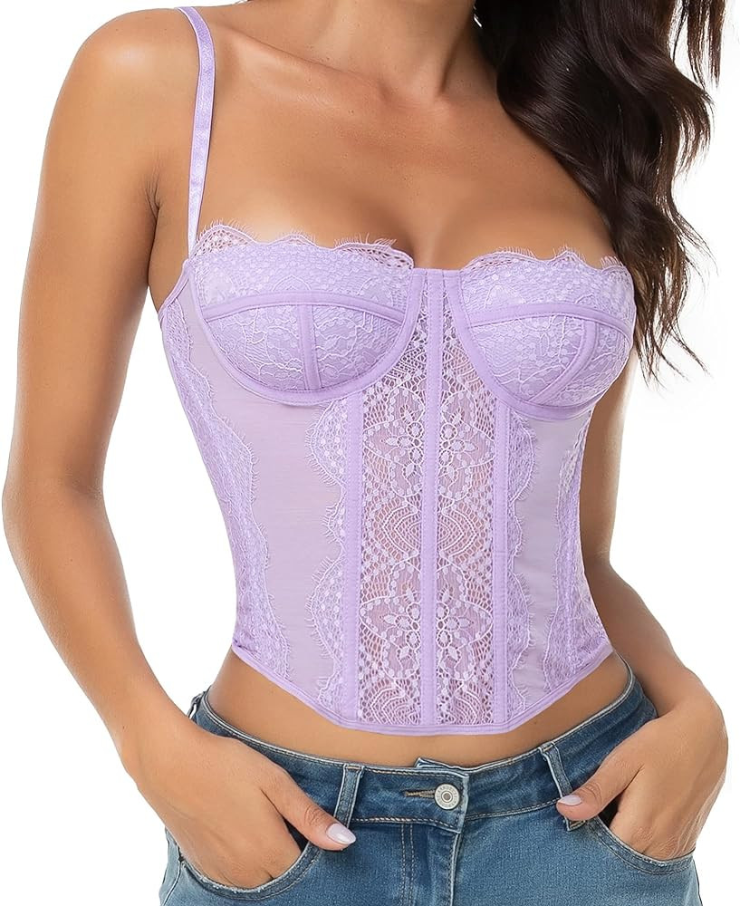 Lace Bustier Corset Tops for Women - Sexy Going Out Party Club Top with Buckle | Amazon (US)