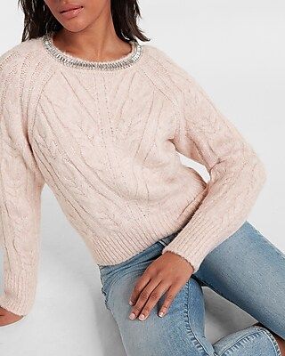 Cable Knit Embellished Neckline Sweater | Express