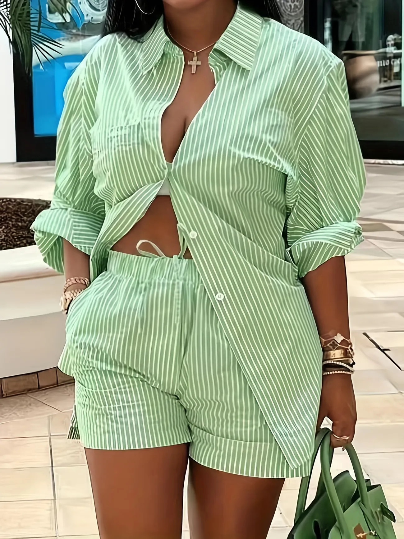 Plus Size Casual Outfits Set, Women's Plus Stripe Long Sleeve Shirt & Shorts Outfits Two Piece Se... | Temu Affiliate Program