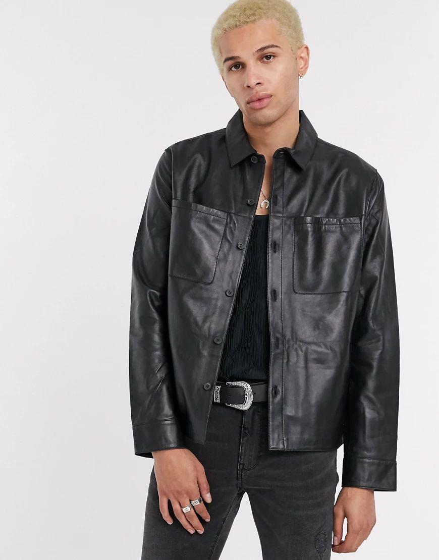 ASOS DESIGN leather overshirt in black | ASOS (Global)