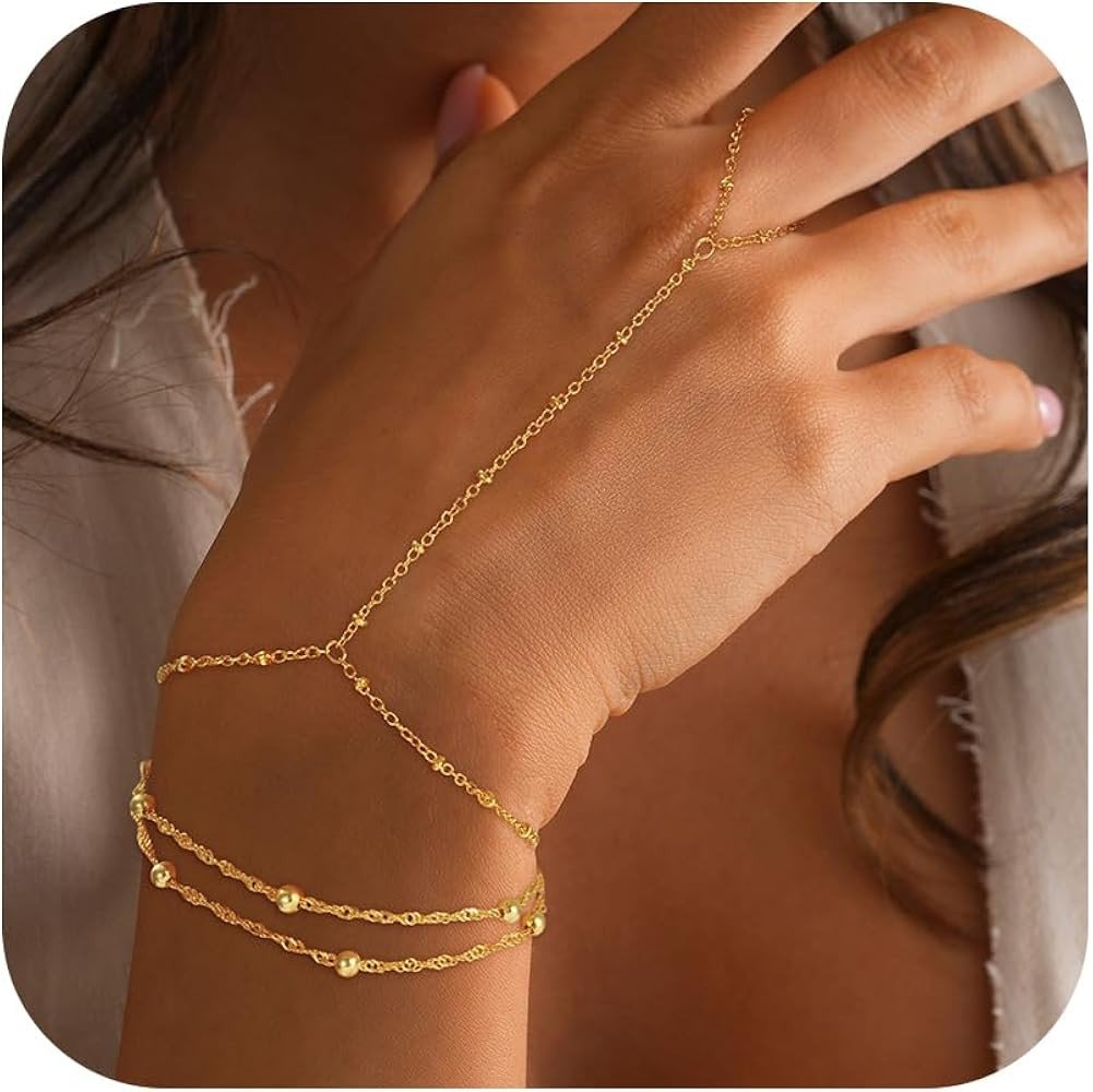 Hand Chain Bracelets for Women - 14K Real Gold Plated Dainty Stackable Paperclip Link Bracelets H... | Amazon (US)