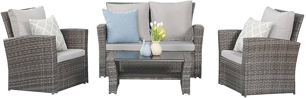 Wisteria Lane 4 Piece Outdoor Patio Furniture Sets, Wicker Conversation Set for Porch Deck, Gray ... | Amazon (US)