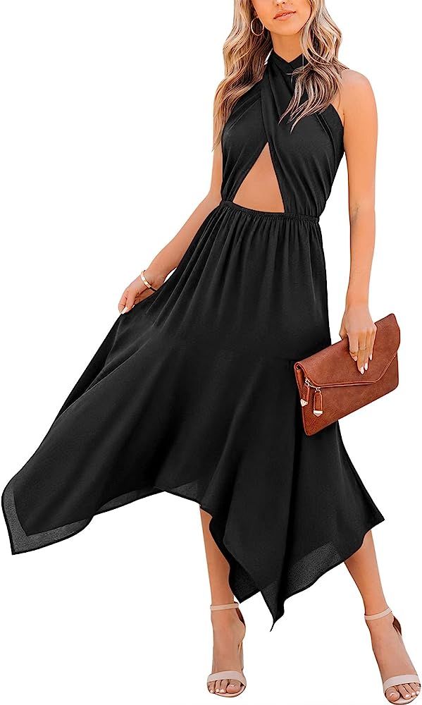 ANRABESS Women's Summer Halter Neck Cut Out Crossover Asymmetric Date Night Cocktail Midi Dress | Amazon (US)