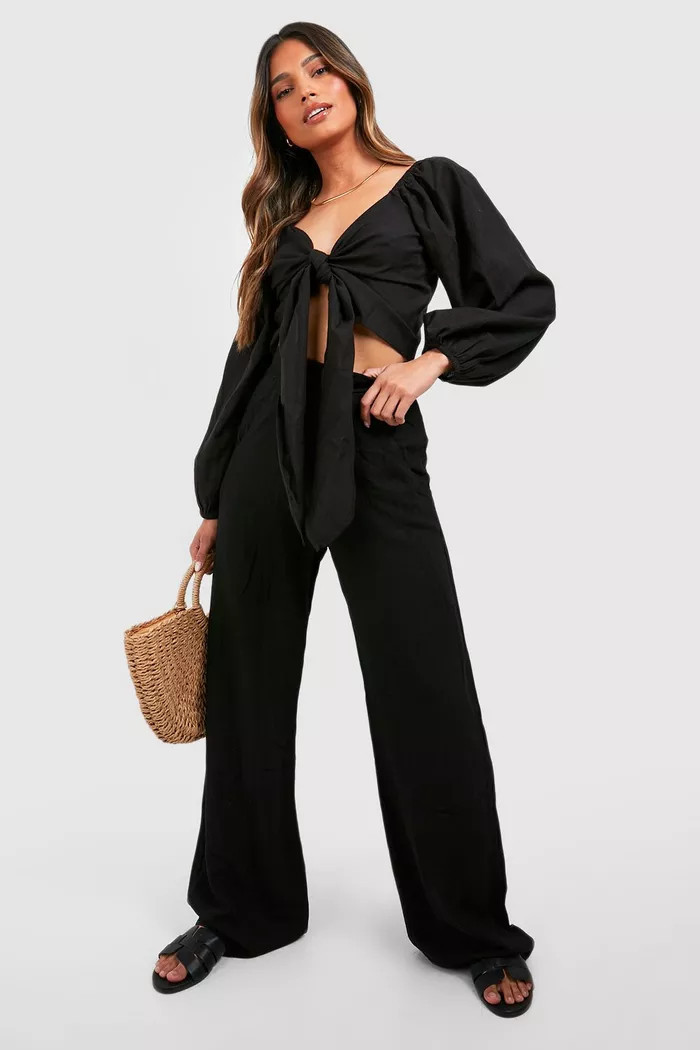 Linen Textured Straight Leg Trousers | Boohoo.com (UK & IE)
