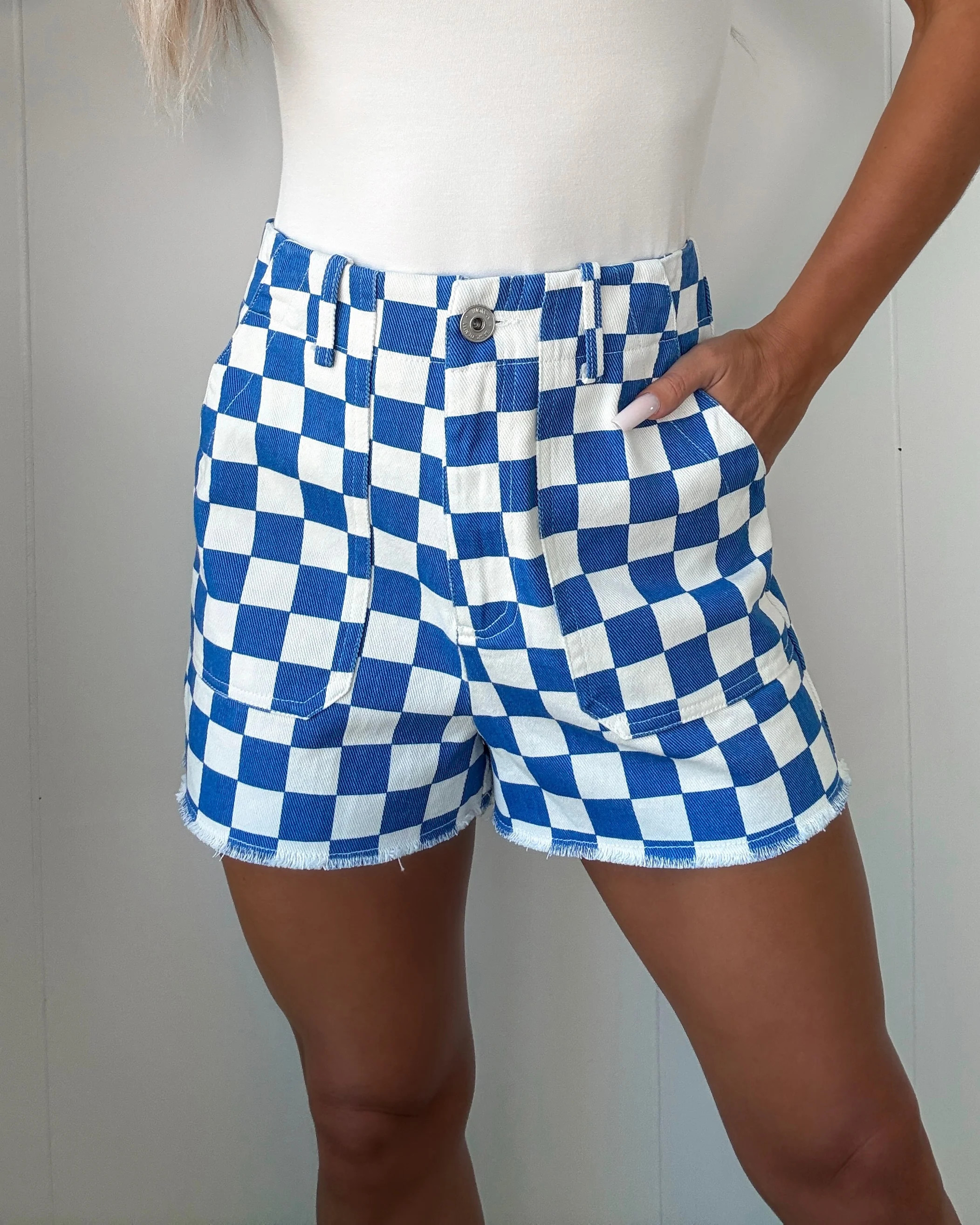 Colleen Denim Checked Shorts - Blue | Bar T Boutique