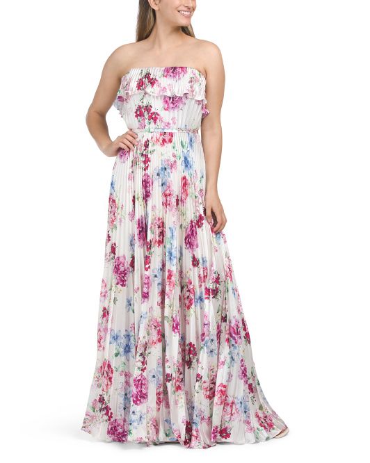 Floral Pleated Satin Gown | TJ Maxx