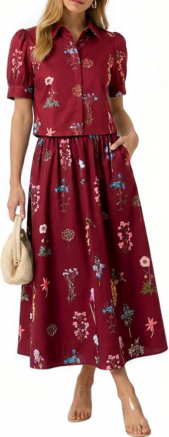 Tankaneo Womens 2 Piece Floral Cropped Tops Maxi Skirts Matching Sets | Short Puff Sleeve Button ... | Amazon (US)