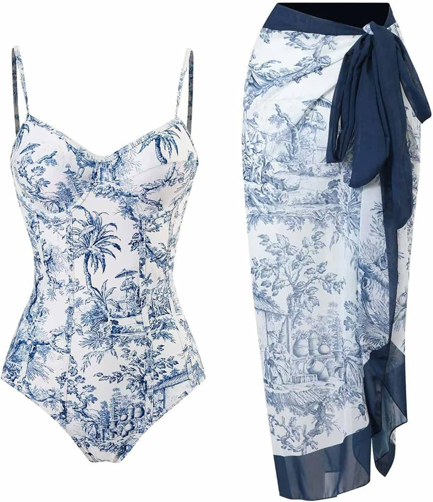 Women One Piece Swimsuit with Coverup Wrap Skirt Floral Print Bikini Set Two Piece Bathing Suit B... | Amazon (US)