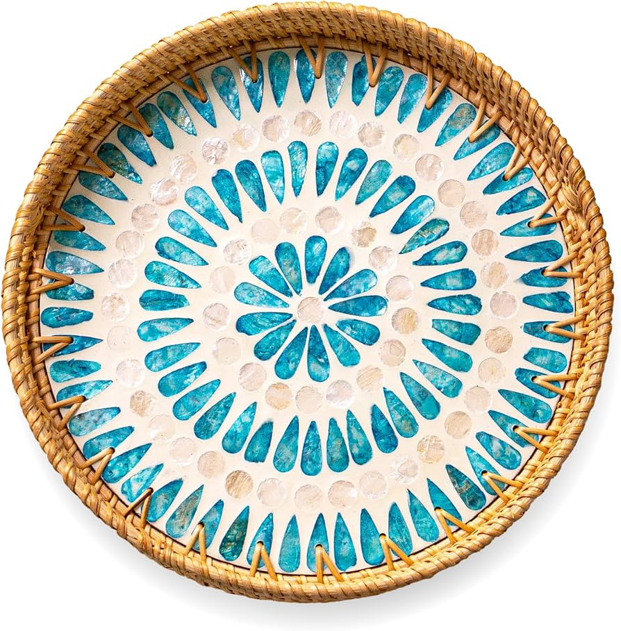 JUNGLE CULTURE Rattan Serving Tray 12" with Mother of Pearl Inlay \u2022 Coastal Boho Collection ... | Amazon (US)