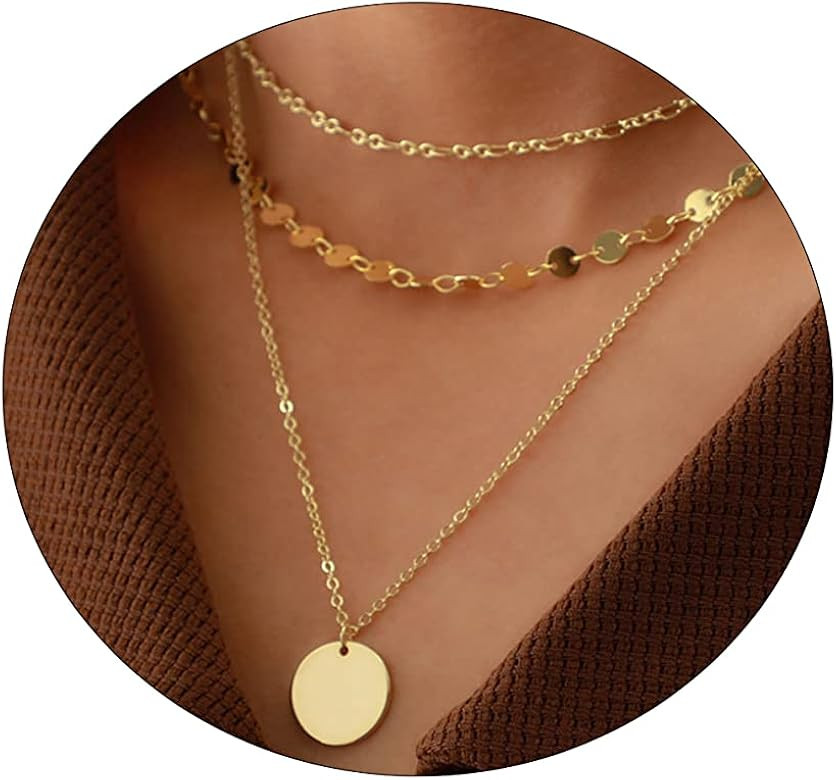 VIROMY Dainty Gold Necklace for Women 14K Gold Plated Layered Satellite Necklaces Trible Layering... | Amazon (US)