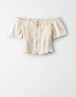 AE Off-The-Shoulder Smocked Zip Up Crop Top | American Eagle Outfitters (US & CA)