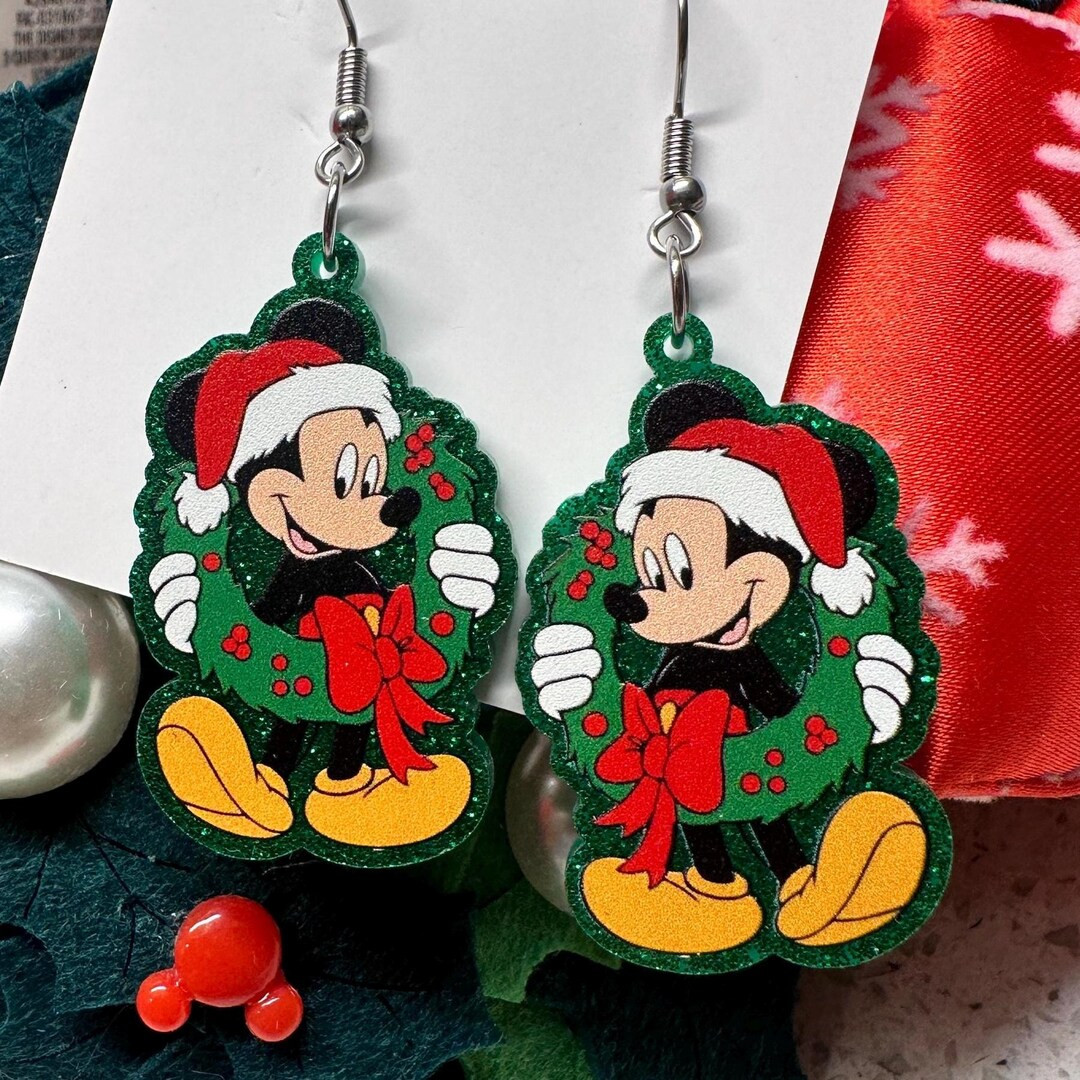 Santa Mickey Christmas Wreath Dangle Earrings Lightweight Acrylic Costume Jewelry Hypoallergenic ... | Etsy (US)