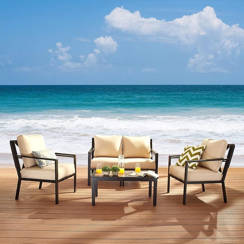 Christopher Knight Home 312151 Aabbye Outdoor Acacia Wood 4 Seater Chat Set with Cushions, Brown Pat | Amazon (US)