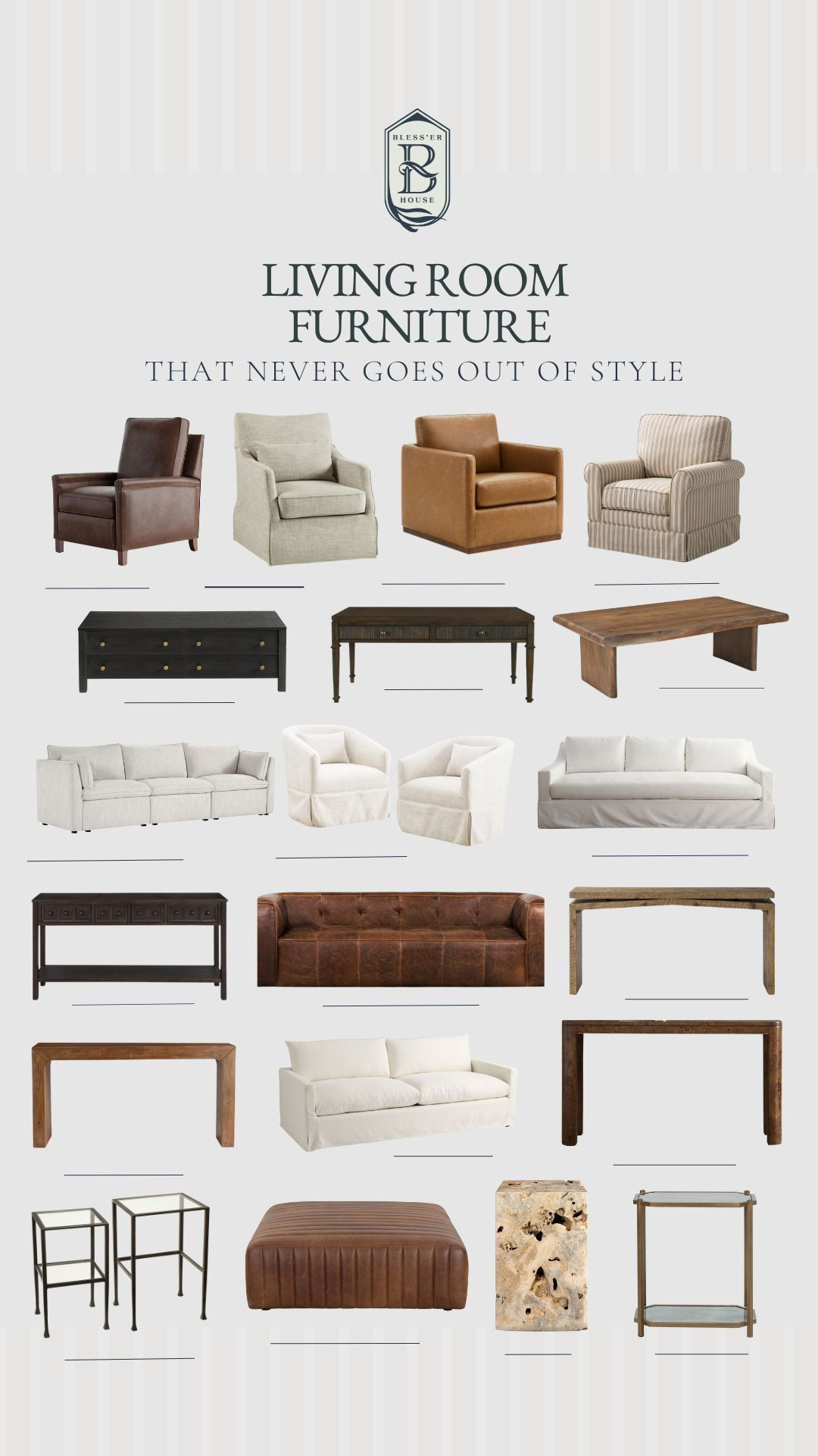 Timeless living room furniture that never goes out of style! 🛋️✨ 

 #LivingRoomDecor #TimelessStyle #ClassicFurniture #HomeDecorInspo #NeutralHome #LTKHome #LTKFinds #FurnitureFavorites #CozyInteriors #LivingRoomInspo #LeatherChair #AccentChair #StripedChair #CozySeating #TimelessSofa #NeutralSofa #SlipcoveredSofa #WhiteSofa #ClubChair #TuftedLeatherSofa #SwivelChairs #CoffeeTable #WoodCoffeeTable #SideTable #ConsoleTable #EntrywayTable #ClassicConsole #RusticTable #EndTables #BlackDresser #StorageConsole #WoodDresser #LeatherOttoman #CubeOttoman #TexturedAccent #DecorativeTable #LTKHome #LTKStyleTip