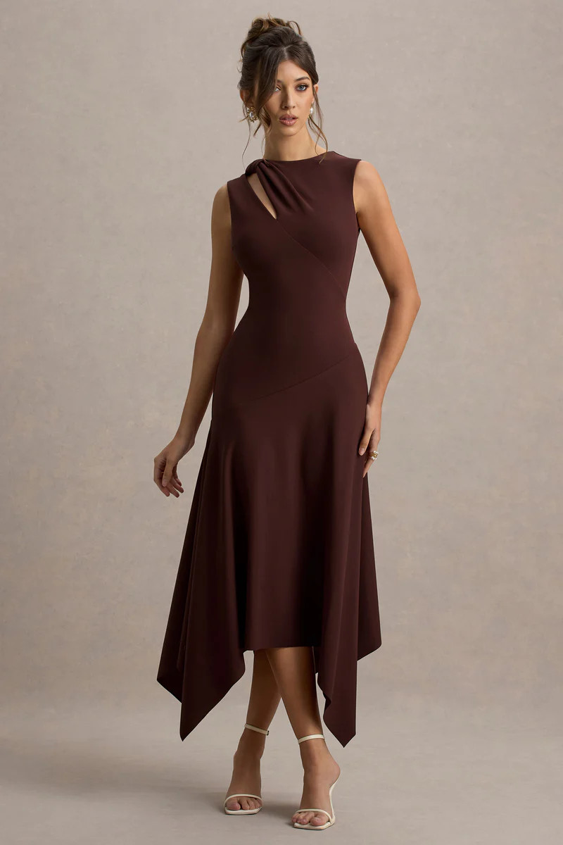 Francesca  Brown Knotted Midi Dress With Handkerchief Hem | Club L London
