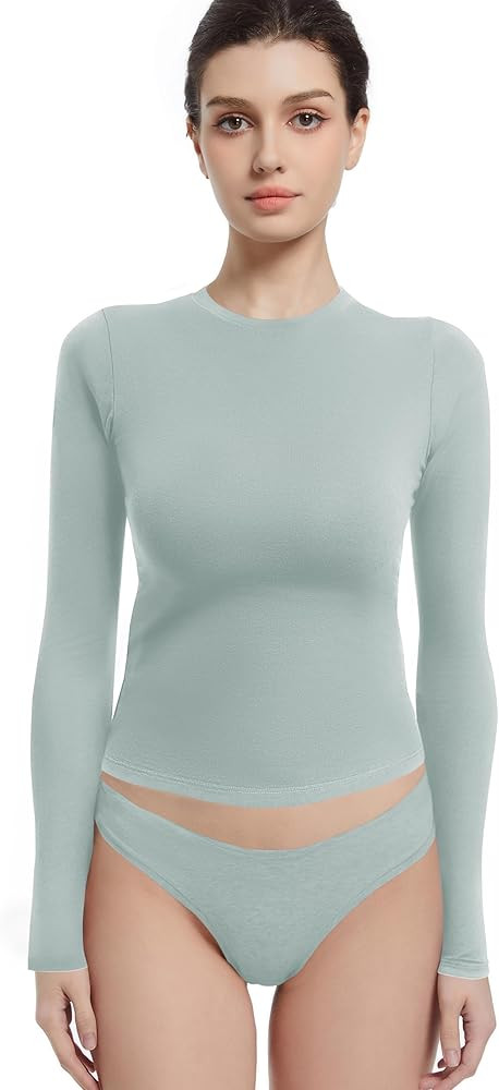 Long Sleeve Shirts for Women Crewneck Basic Tees T Shirts Fitted Crop Tops Y2k Going Out Tops | Amazon (US)