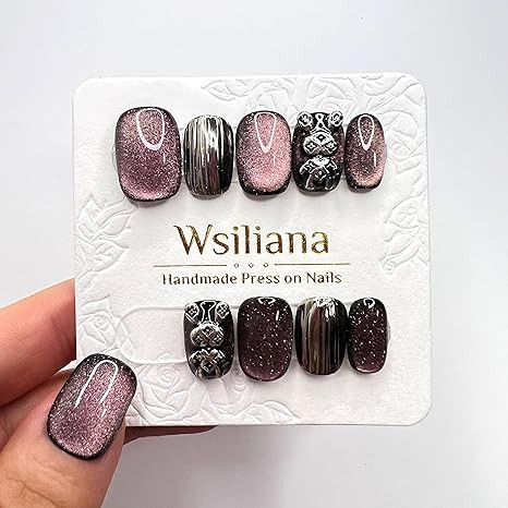 Wsliana Magnetic Nails Press On Nail.Handmade Press On Nail Short Squoval Acrylic Fake Nails with... | Amazon (US)