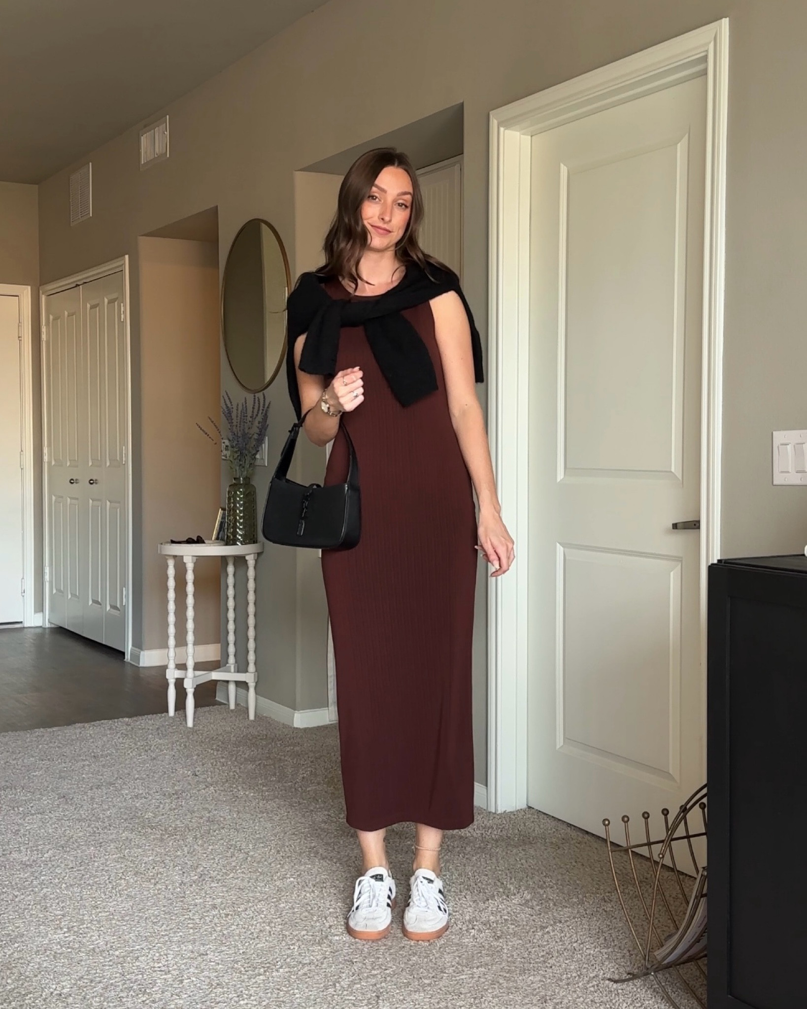 casual maxi dress styling for summer - adidas sambas spezials, neutral sneakers, black cardigan