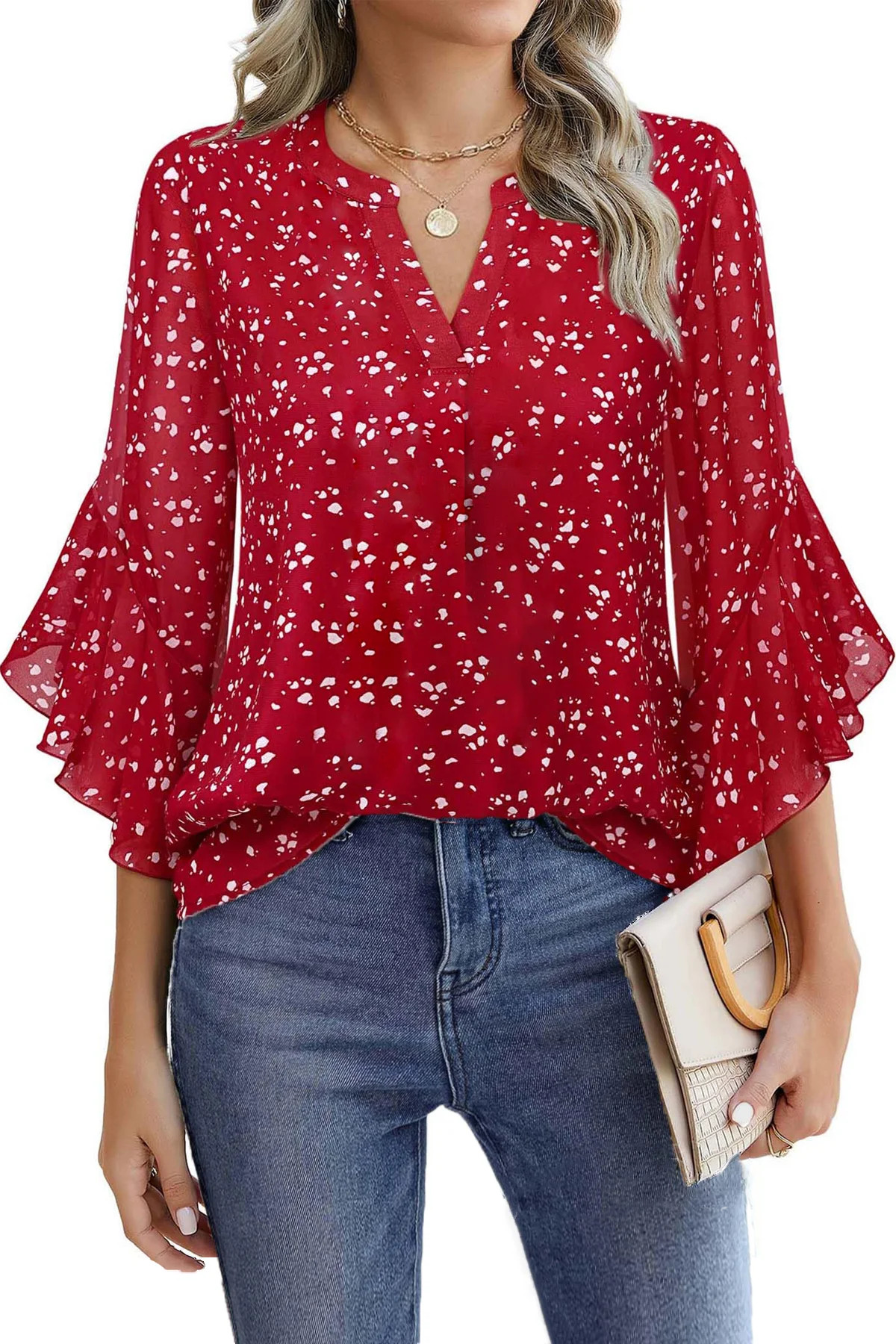 Fantaslook Blouses for Women 3/4 Ruffle Sleeve Summer Tops V Neck Business Work Blouse Dressy Cas... | Walmart (US)