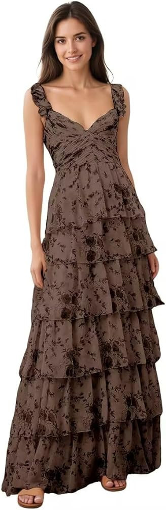 Tiered Floral Chiffon Bridesmaid Dresses 2025 Ruffle A Line Formal Prom Evening Gown W27 | Amazon (US)