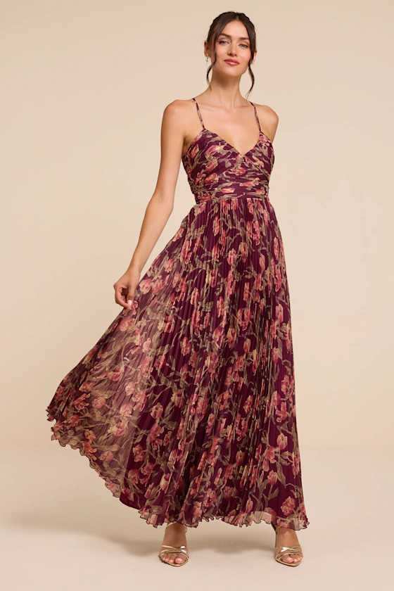 Rebena Plum Multi Floral Pleated Maxi Dress | Lulus