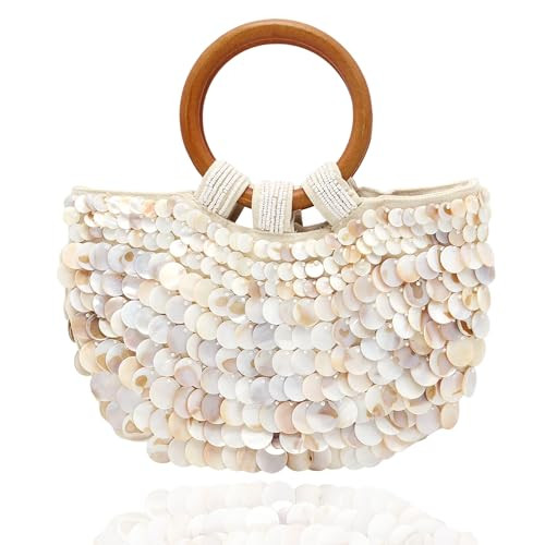 Miuco Shell Purse For Women Handmade Seashell Beaded Clutch Beach Wooden Top Handle Bag | Amazon (US)