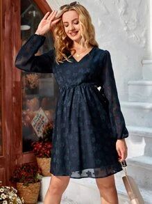 SHEIN Maternity Jacquard Cut Out Waist Lantern Sleeve Dress SKU: sa2211022381210707$18.75$23.49-2... | SHEIN