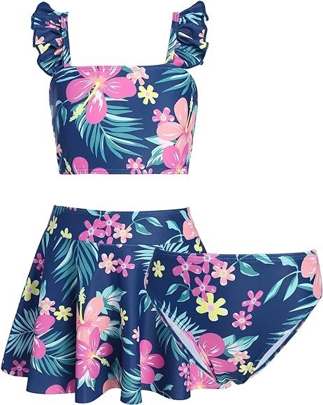 Hopeac 3 Piece Girls Swimsuits Swimwear Ruffles Beach Surf Swimming Tankini Set Bathing Suits | Amazon (US)