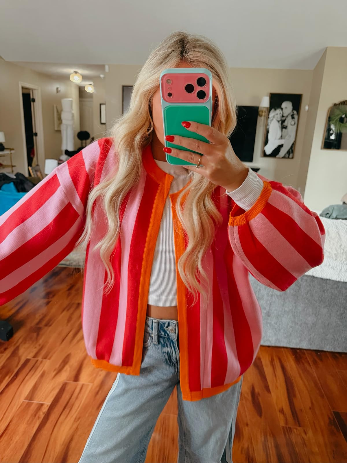 Wefebi Women's Casual Loose Fit Striped Cardigan Long Balloon Sleeves Open Front Knit Sweater | Amazon (US)