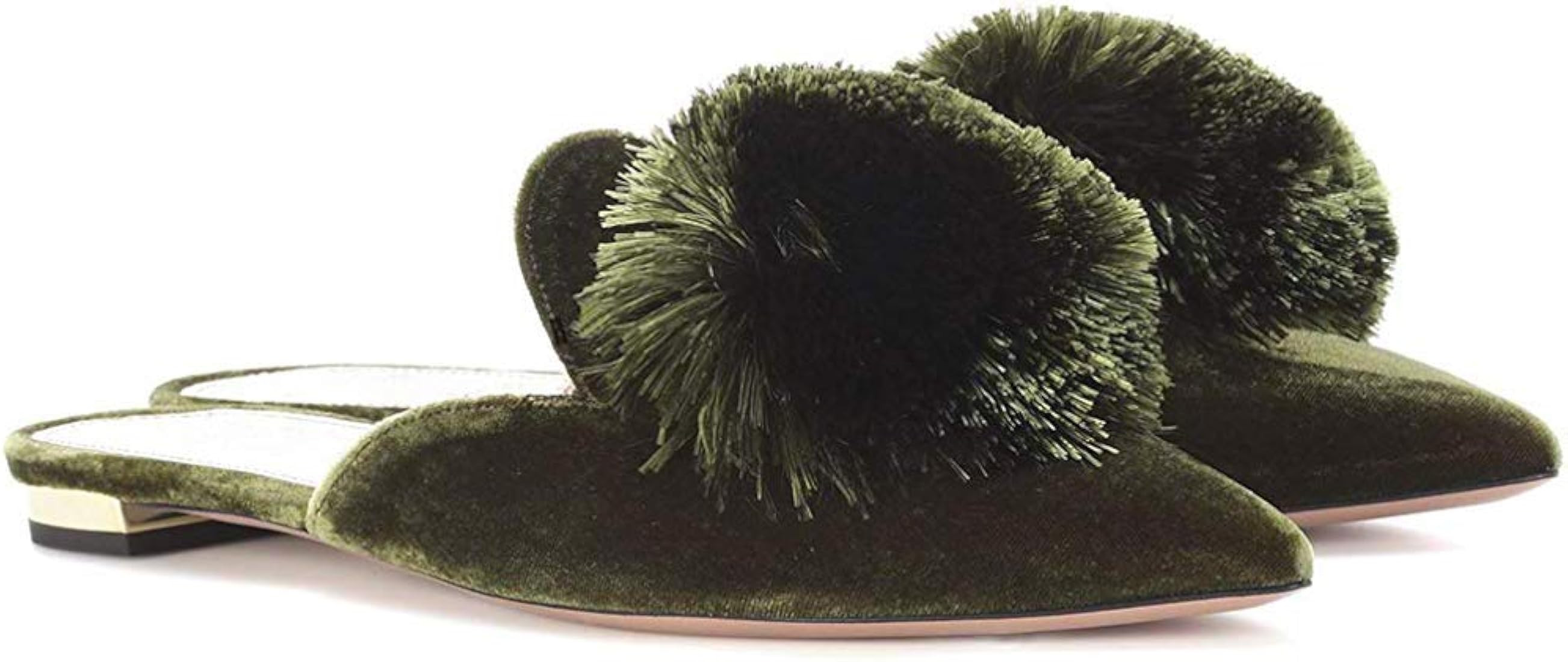 Divanne Mules for Women, Puff Pompom-Embellished Slip On Loafers Backless Pointed Toe Satin Mule Sli | Amazon (US)