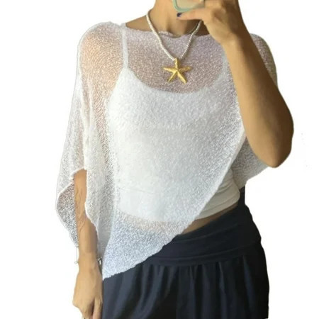 Women's Sheer Mesh Poncho, Lightweight Open Knit Beach Cover Up with Crochet Design, Breezy Summer Shawl for Travel and Casual Wear, Versatile Lace Style Pullover for Evening and Vacation Use White | Walmart (US)