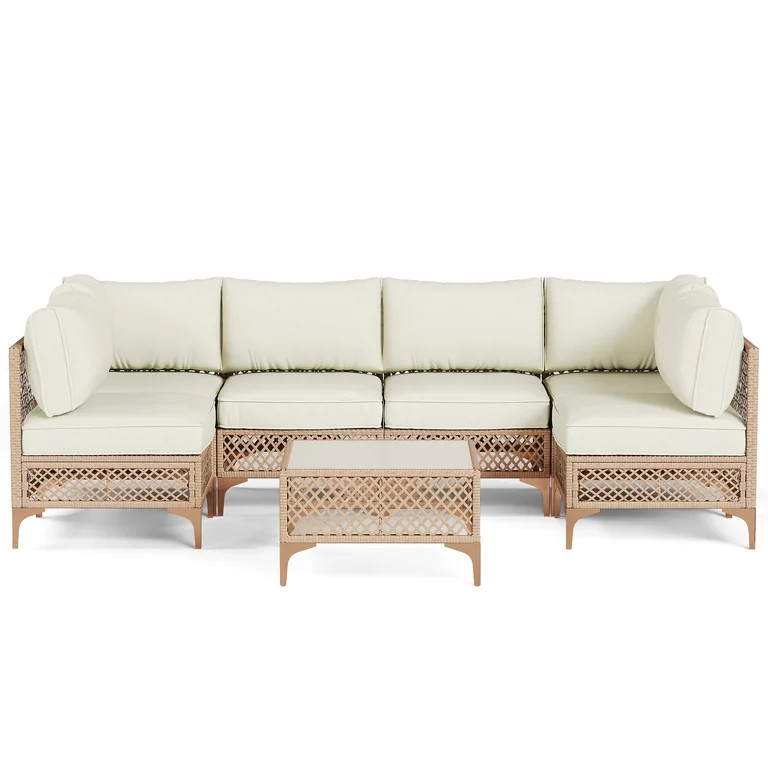 LAZZO 7-Piece Patio Furniture Set, Outdoor Wicker Conversation Set with Thick Cushions & Coffee T... | Walmart (US)