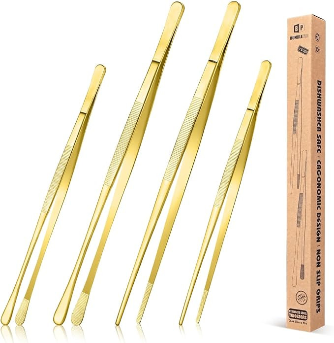 4 Pcs Fine Long Tweezer Tongs Professional Gold, 12'' and 10'' Stainless Steel for Kitchen, Food,... | Amazon (US)