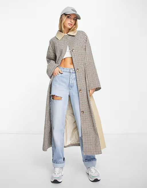ASOS DESIGN plaid trench coat in stone | ASOS (Global)