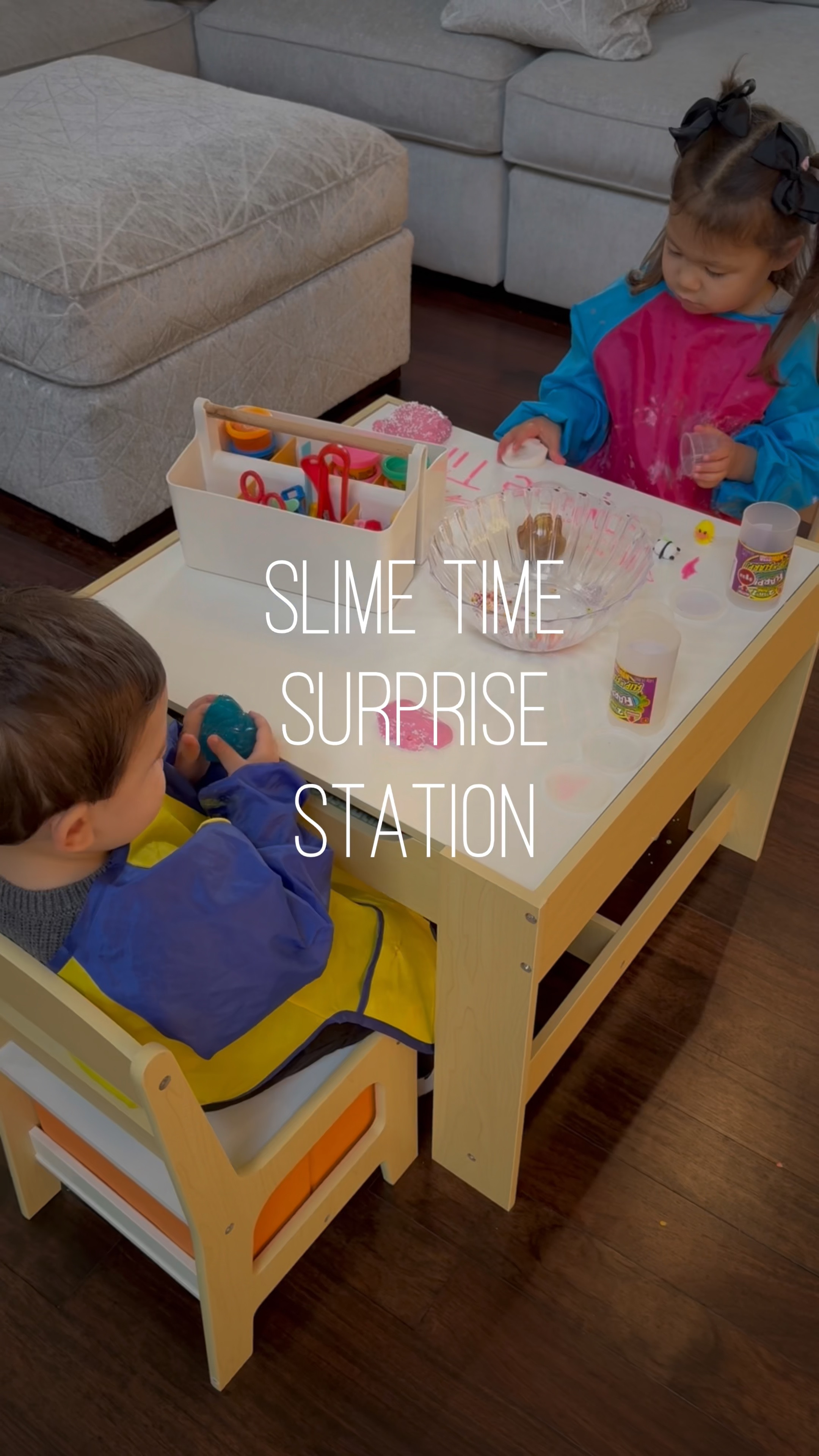 Finally decided to embrace the slime life and dedicate a functional table + craft zone to it! This table and chairs set has so much hidden storage. The entire whiteboard/black board desktop lifts up to reveal storage within the actual table. Each chair has a soft pull out storage drawer 🙌🏼 

We keep slime, mix ins, shaping tools, molds, play dough, white erase board markers, washable markers and construction paper in the station. I also have paint smocks for them because I’ve had one too many pieces of clothing ruined by slime in the past. 

Craft table. Kids table. Craft station. Playroom. Play table. Toddler gift idea. Slime activity. Activity station. Craft organization. 

#slime #toddleractivity #preschoolactivity #activityideas #toddlermomlife

#LTKGiftGuide #LTKKids #LTKFamily