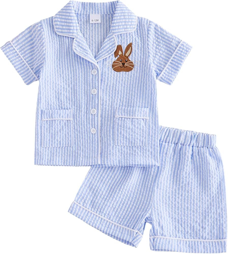 Toddler Baby Girl Boy Easter Pajamas Rabbit Stripe Print Lapel Button Shirt Shorts Kids Bunny PJs... | Amazon (US)