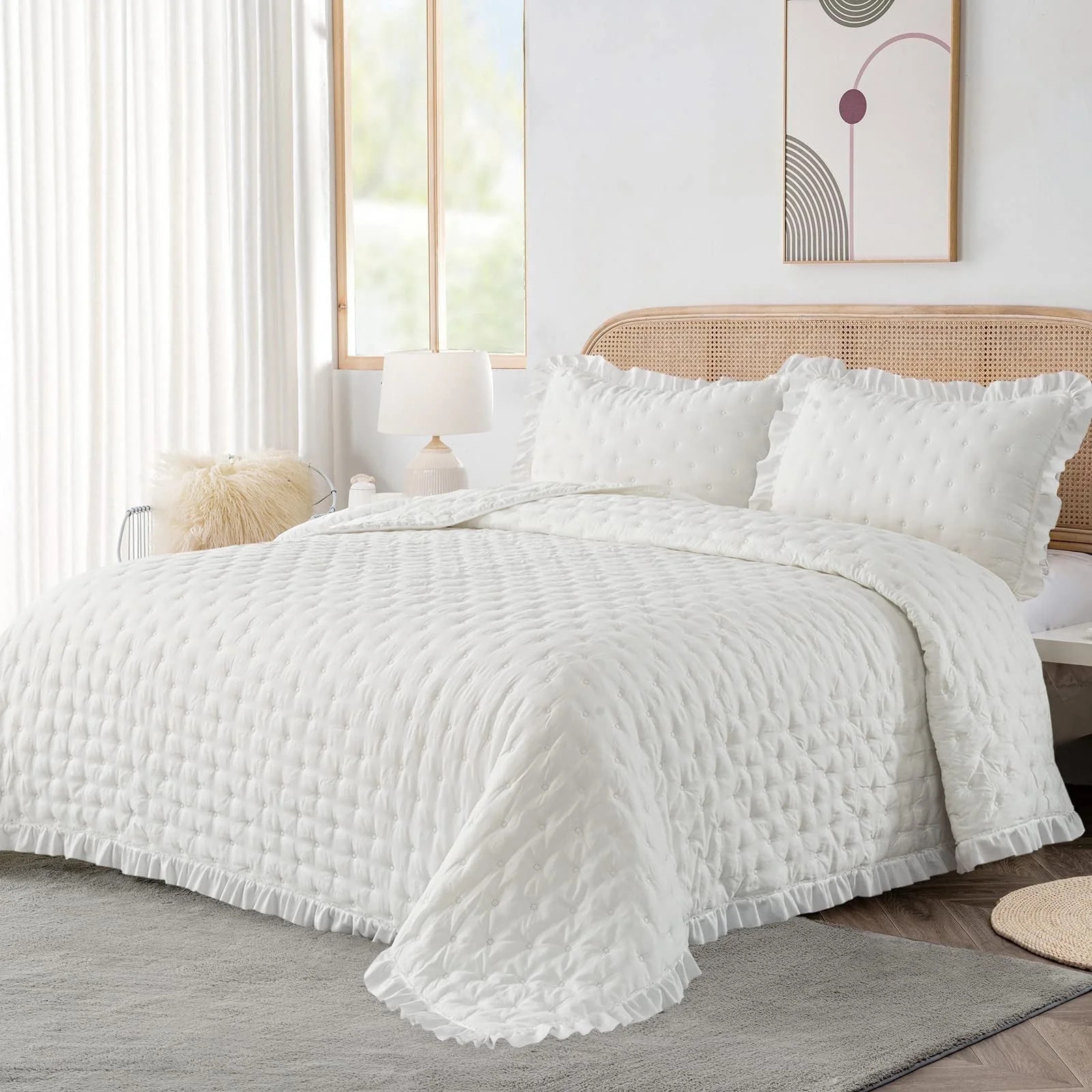 Queen Size Quilt Set, 3-Piece Soft Warm Ultrasonic Reversible Pleated Ruffled Coverlet Bedspread ... | Walmart (US)