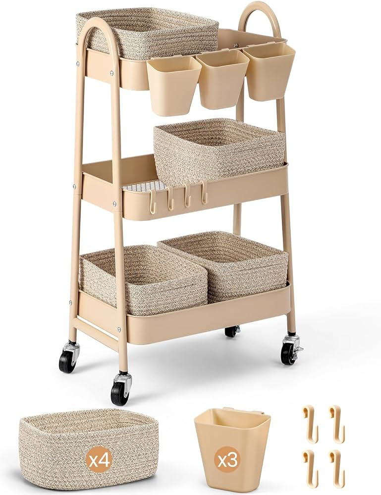 3-Tier Rolling Utility Cart with 4 Woven Baskets, Diaper Book Snack Cart, Storage Organizer for N... | Amazon (US)