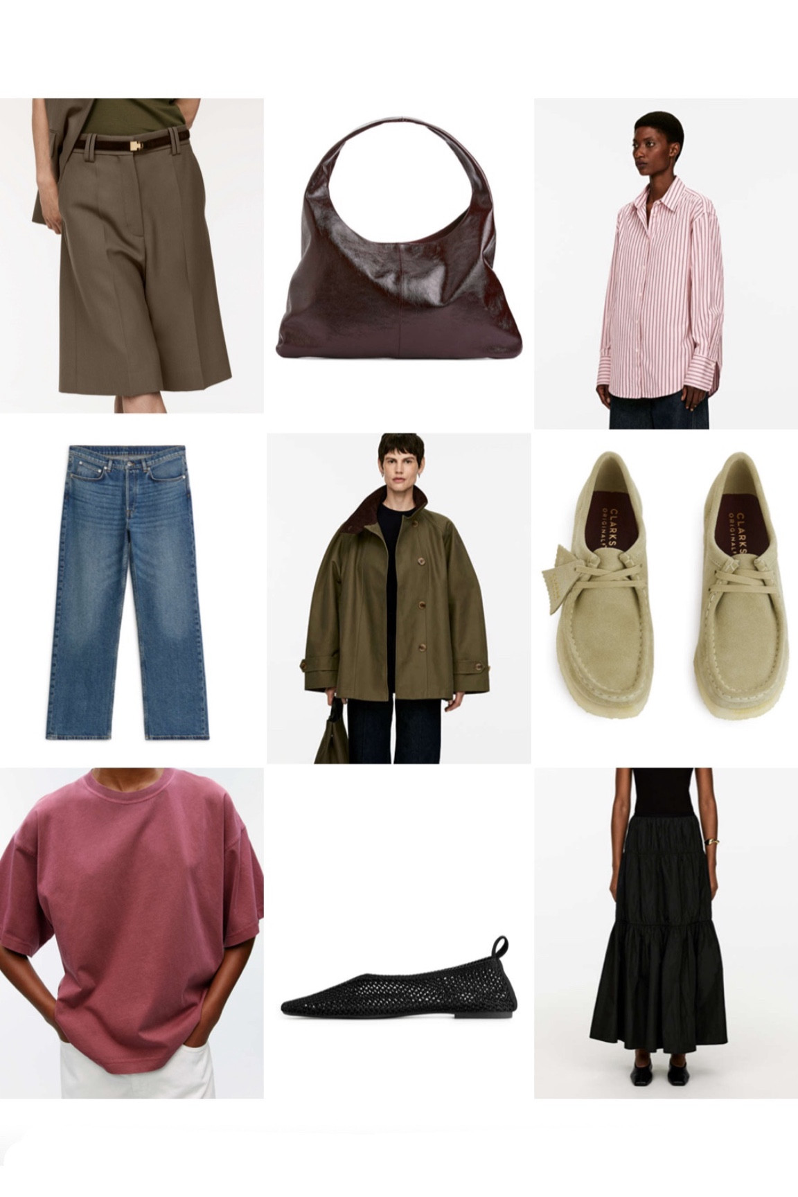 ARKET TOP NINE | Arket favourites, summer fashion, autumn fashion, transitional fashion, short jacket, jeans, relaxed tee, wallabees, mesh ballet flat, striped shirt, pink shirt, maxi skirt, black skirt, long shorts, tailored shorts 

#LTKsummer #LTKeurope #LTKuk