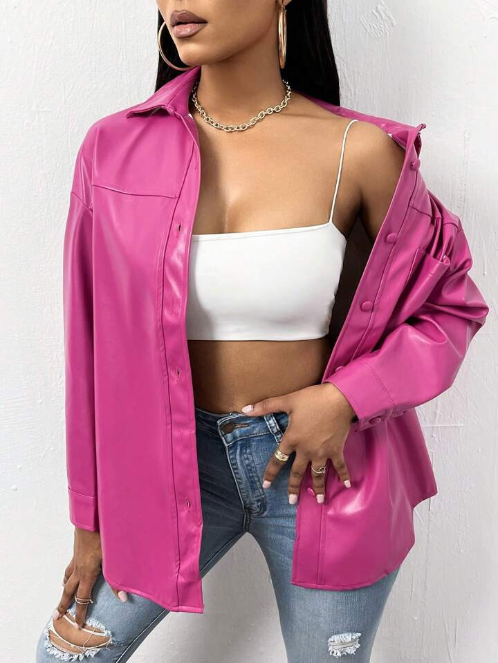 SHEIN Slayr Drop Shoulder PU Leather Shirt | SHEIN