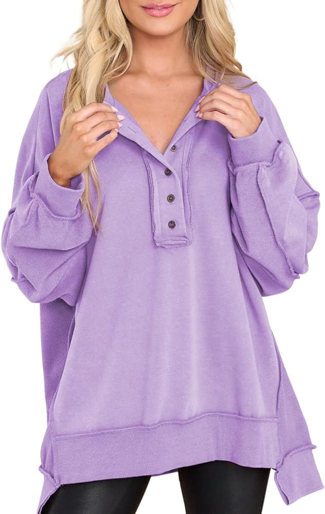 AlvaQ Womens Women's Oversized Sweatshirt Casual Long Sleeve Button Henley Neck Pullover Tunic To... | Amazon (US)
