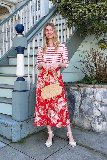 A classic fun combo - stripe top and a midi floral skirt! Great spring outfit uniform 