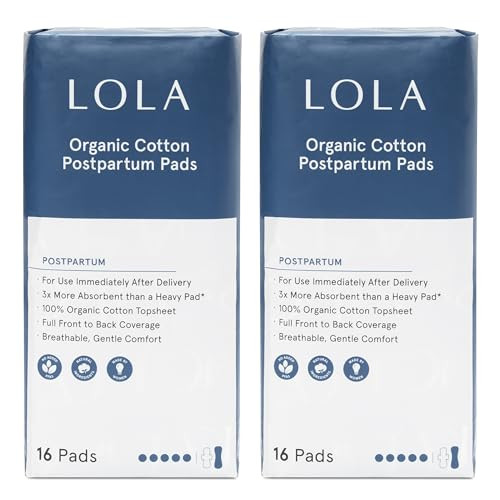 LOLA Organic Cotton Postpartum Pads - Max Absorbency Pads for Postpartum Bleeding - Extra-Long Overnight Liners for Women - Hospital Bag Essentials - 32 Count, Unscented | Amazon (US)