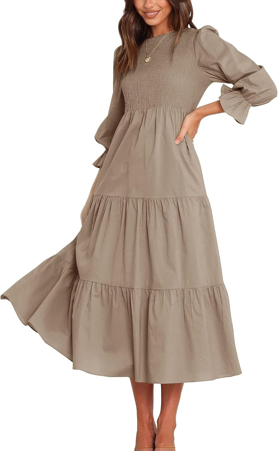 BTFBM Women Casual Long Sleeve Crew Neck Fall Dress Bohemian Relaxed Fit Floral Flowy Maxi Dresses Tiered Cocktail Dress | Amazon (US)